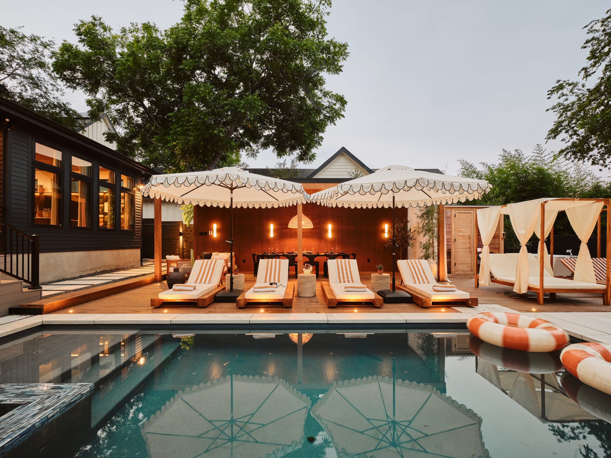 Full pergola with daybeds and sun loungers